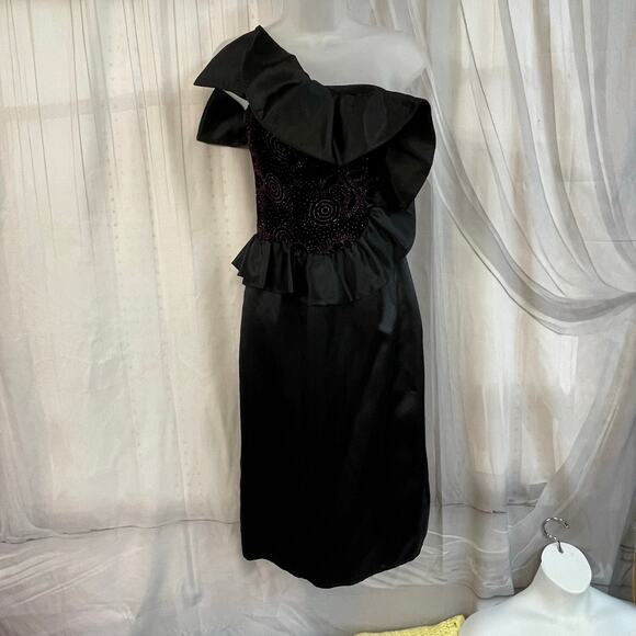 Vintage 80s One Shoulder Black Velvet Satin Cocktail Dress GUNNE SAX - Picture 1 of 7